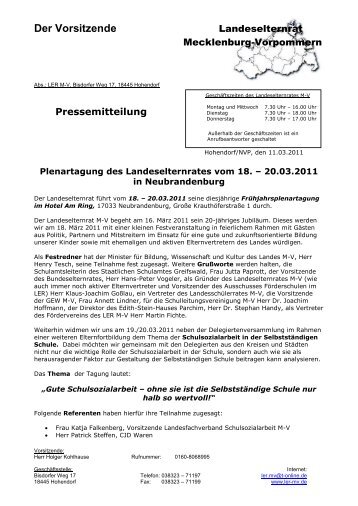 Pressemitteilung und Tagesordnung - Landeselternrat Mecklenburg ...