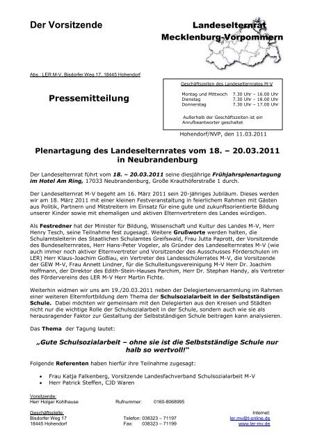 Pressemitteilung und Tagesordnung - Landeselternrat Mecklenburg ...