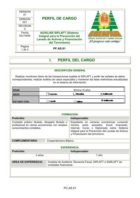 PERFIL DE CARGO I. PERFIL DEL CARGO