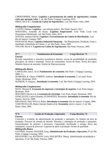 Ementas e Bibliografias do Curso Técnico em Logística - IFRS