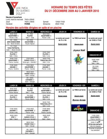 horaire du temps des fÃƒÂªtes du 21 dÃƒÂ©cembre 2009 au 3 ... - YMCA