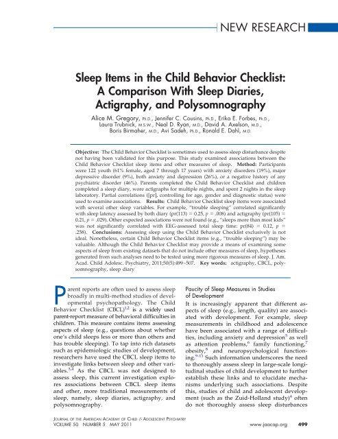 NEW RESEARCH Sleep Items in the Child Behavior Checklist: A ...