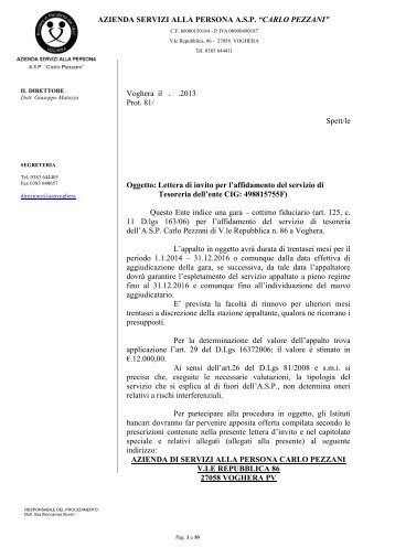 lettera d'invito gara affidamento servizio di tesoreria