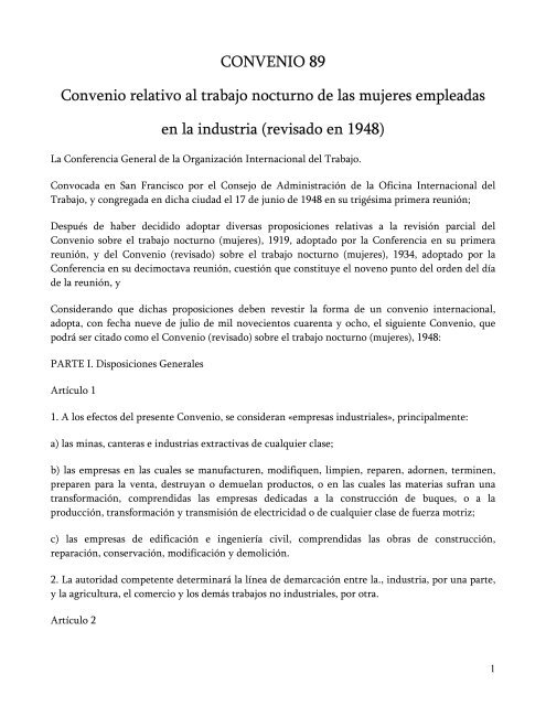 CONVENIO 89 Convenio relativo al trabajo nocturno de las mujeres ...