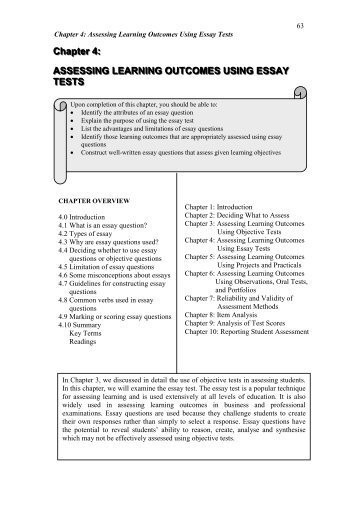 Chapter 4: Assessing Learning Outcomes using Essay Tests