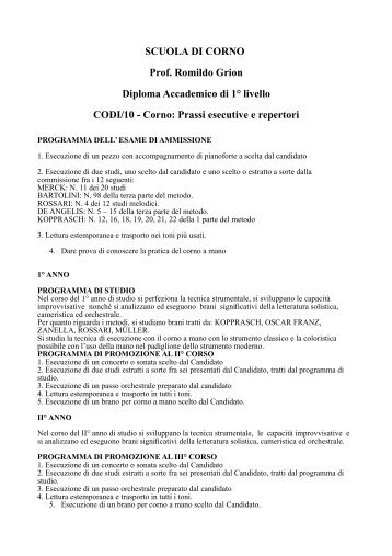 SCUOLA DI CORNO Prof. Romildo Grion Diploma Accademico di 1 ...