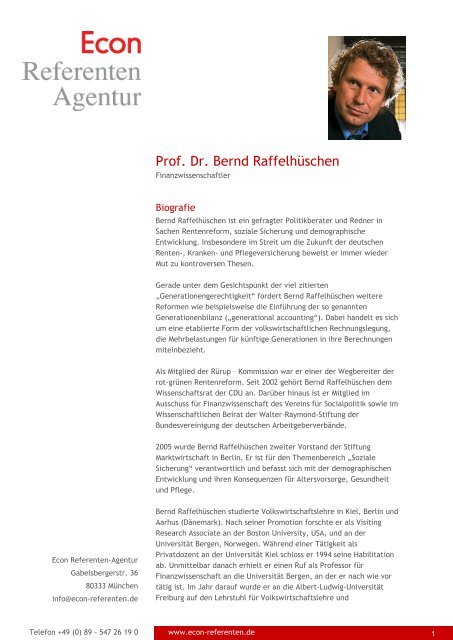 Prof. Dr. Bernd RaffelhÃ¼schen - Econ Referenten-Agentur