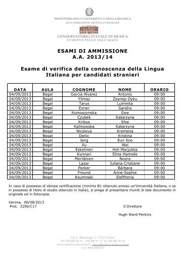 esami di ammissione corsi diploma e di specializzazione I e II livello ...