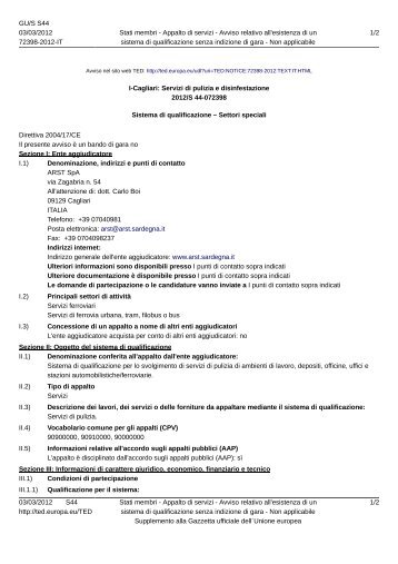 I-Cagliari: Servizi di pulizia e disinfestazione - ARST SpA