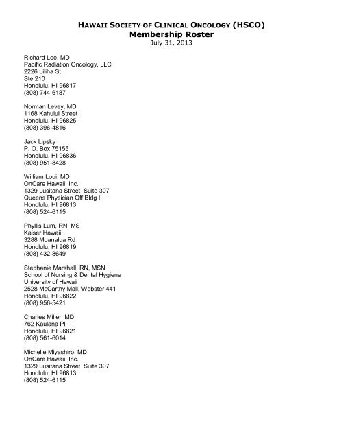 HSCO Membership Roster