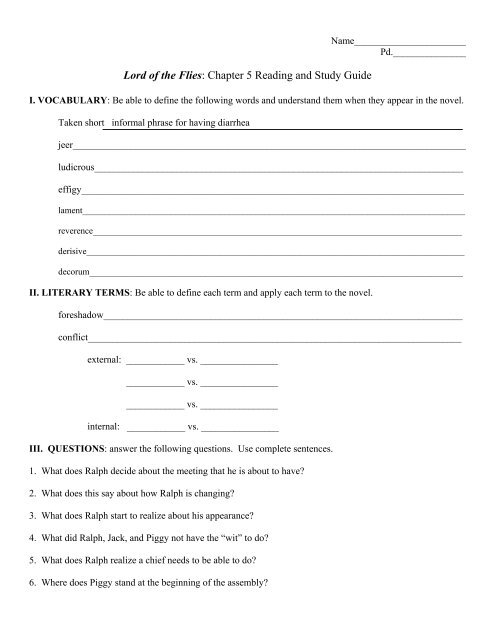 Lord Of The Flies Chapter 5 Reading And Study Guide