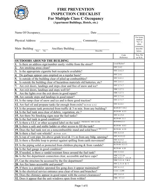 FIRE PREVENTION INSPECTION CHECKLIST For Multiple Class C ...