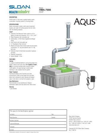 Sloan AQUS Greywater System Specification Sheet