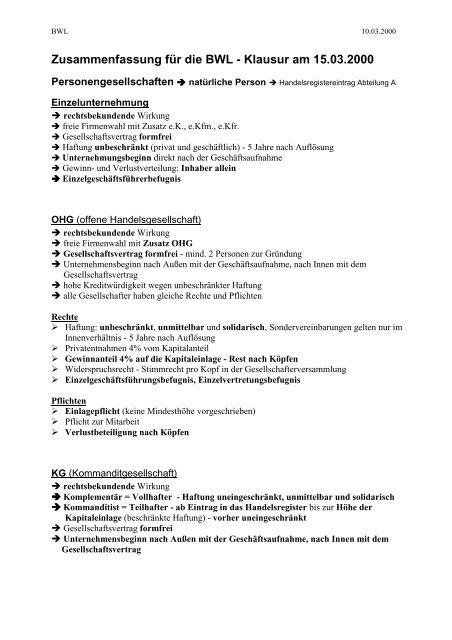 Zusammenfassung fÃ¼r die BWL - Klausur am 15.03.2000