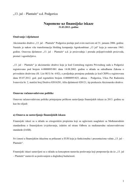 IzvjeÅ¡taj za I kvartal 2013. (pdf) - Montenegro berza