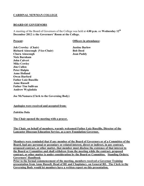 Full Board Minutes 12th December 2012 - Cardinal Newman College
