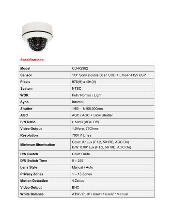 Specifications: Model CD-R2982 Sensor 1/3'' Sony ... - CCTV Direct