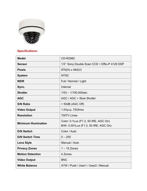 Specifications: Model CD-R2982 Sensor 1/3'' Sony ... - CCTV Direct