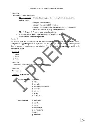 CorrigÃ© des exercices sur Â« l'appareil circulatoire ... - Poly-Prepas