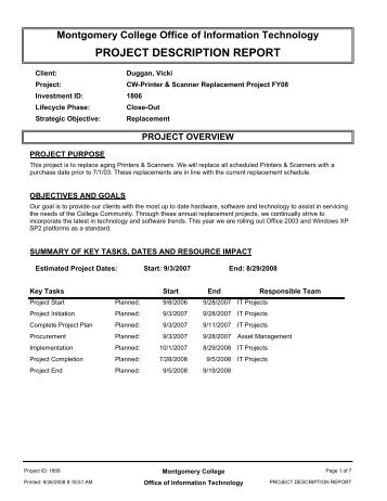 Project Close-out Report - Montgomery College