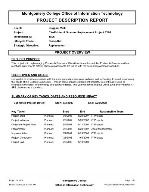 Project Close-out Report - Montgomery College