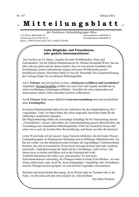 Mtteilungsblatt Februar 2013 - Parkinson Selbsthilfe Wien