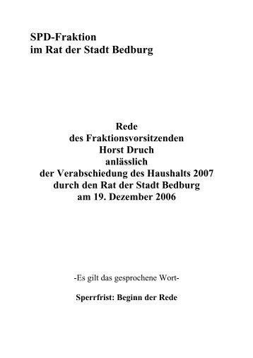 Rede Horst Druch Haushalt 2007 - Die SPD in Bedburg an der Erft