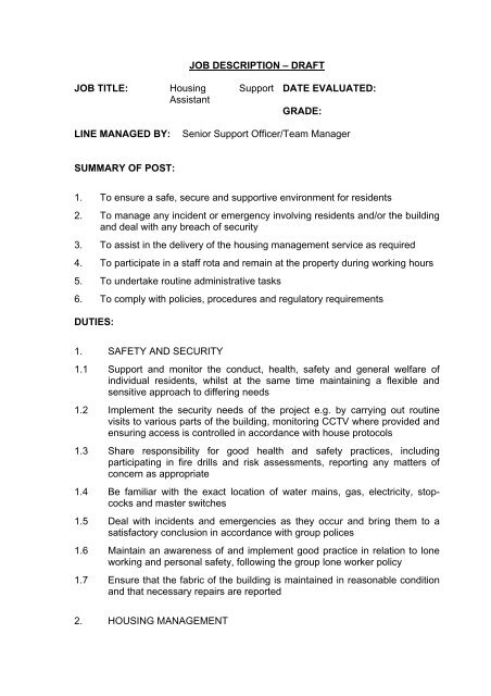 JOB DESCRIPTION â DRAFT JOB TITLE: Housing Support ... - DCH