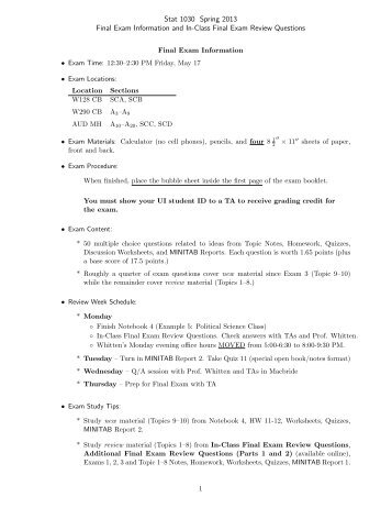 Stat 1030 Spring 2013 Final Exam Information and In-Class Final ...