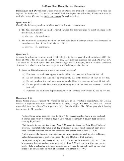 Stat 1030 Spring 2013 Final Exam Information and In-Class Final ...