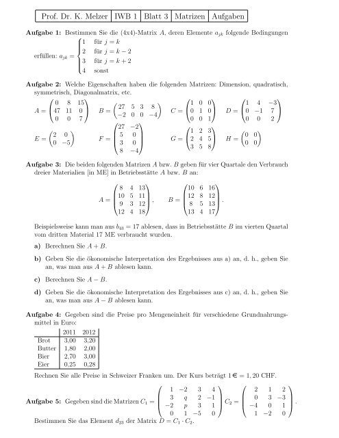 Matrizen Aufgaben Mit Lösungen Pdf Aufgaben zur Matrixrechnung