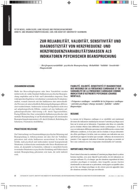 zur reliabilitÃƒÂ¤t, validitÃƒÂ¤t, sensitivitÃƒÂ¤t und diagnostizitÃƒÂ¤t von herzfrequenz