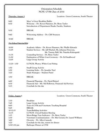 Orientation Schedule NCSU CVM Class of 2014