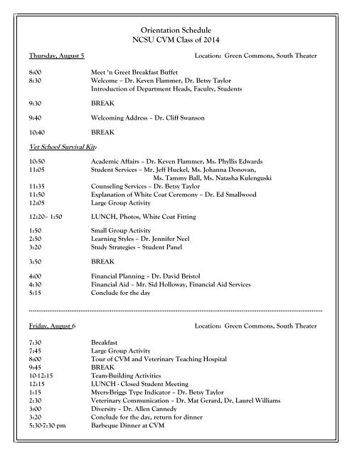 Orientation Schedule NCSU CVM Class of 2014