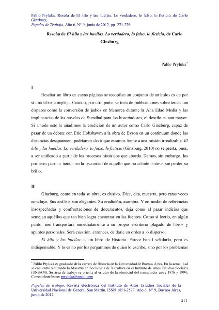 271 ReseÃ±a de El hilo y las huellas. Lo verdadero, lo falso, lo ficticio ...