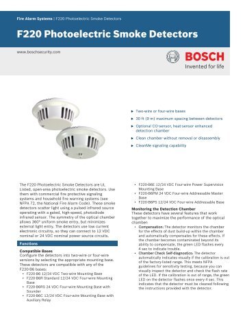 F220 Photoelectric Smoke Detectors - Bosch Security Systems