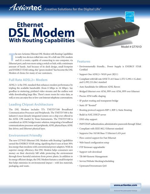 Actiontec GT701D Ethernet DSL Modem Product Datasheet