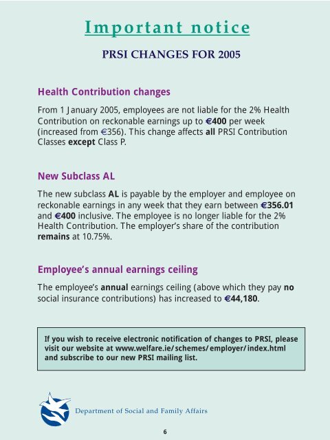 PRSI Contribution Rates and User Guide 2005 - SW14 - Welfare.ie