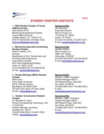 student chapter contacts - the Mechanical Contractors Association of ...