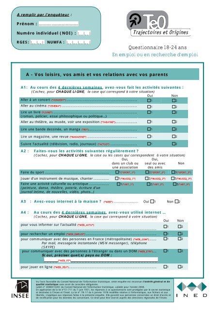 Questionnaire 18-24 ans En emploi ou en recherche d'emploi - Ined