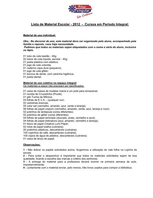 Lista de Material Escolar - 2012 - Cursos em PerÃodo Integral: