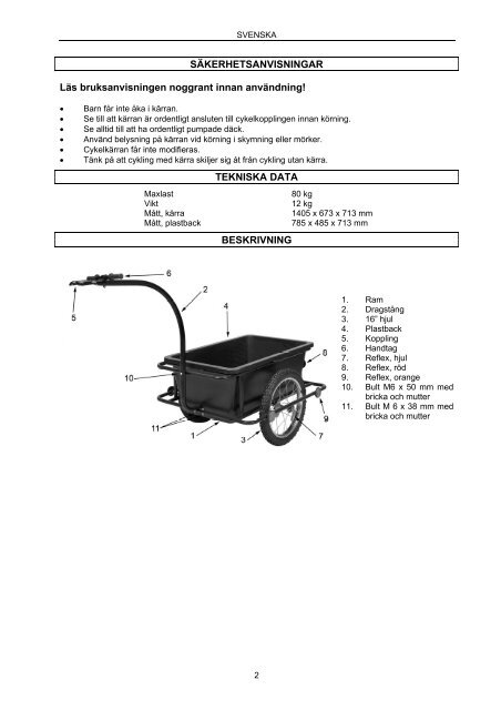 Bruksanvisning fÃƒÂ¶r cykelkÃƒÂ¤rra Bruksanvisning for sykkelvogn ... - Jula