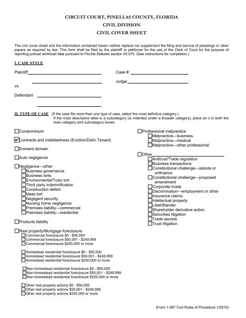 Civil Cover Sheet - Clerk of the Circuit Court