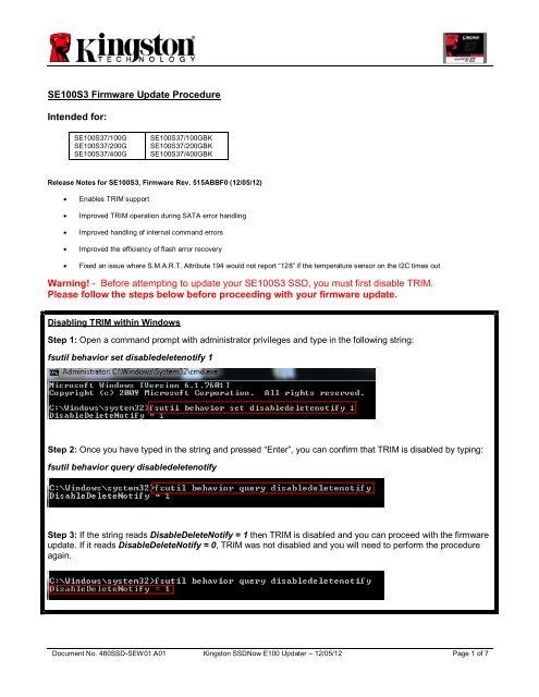 Warning! - Before attempting to update your SE100S3 ... - Kingston