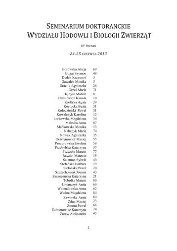 Materialy seminarium w roku 2012/2013 - WydziaÅ Hodowli i Biologii ...