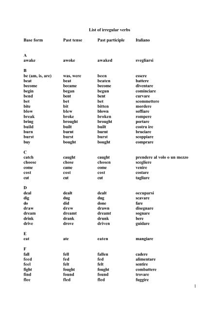 Remission Piping Stort univers 1 List of irregular verbs Base form Past tense Past ... - Medicina