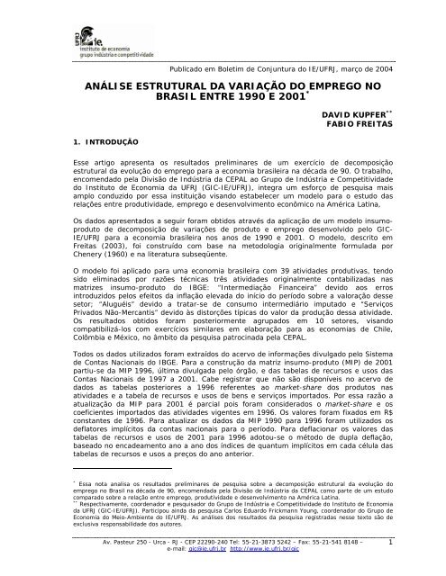 anÃ¡lise estrutural da variaÃ§Ã£o do emprego no brasil entre 1990 e 2001