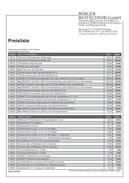 Preisliste - Berger Biotechnik GmbH