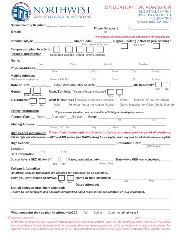 Admissions Application - Northwest Mississippi Community College