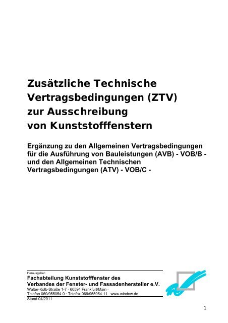 ZTV) zur Ausschreibung von Kunststofffenstern - Verband der Fenster